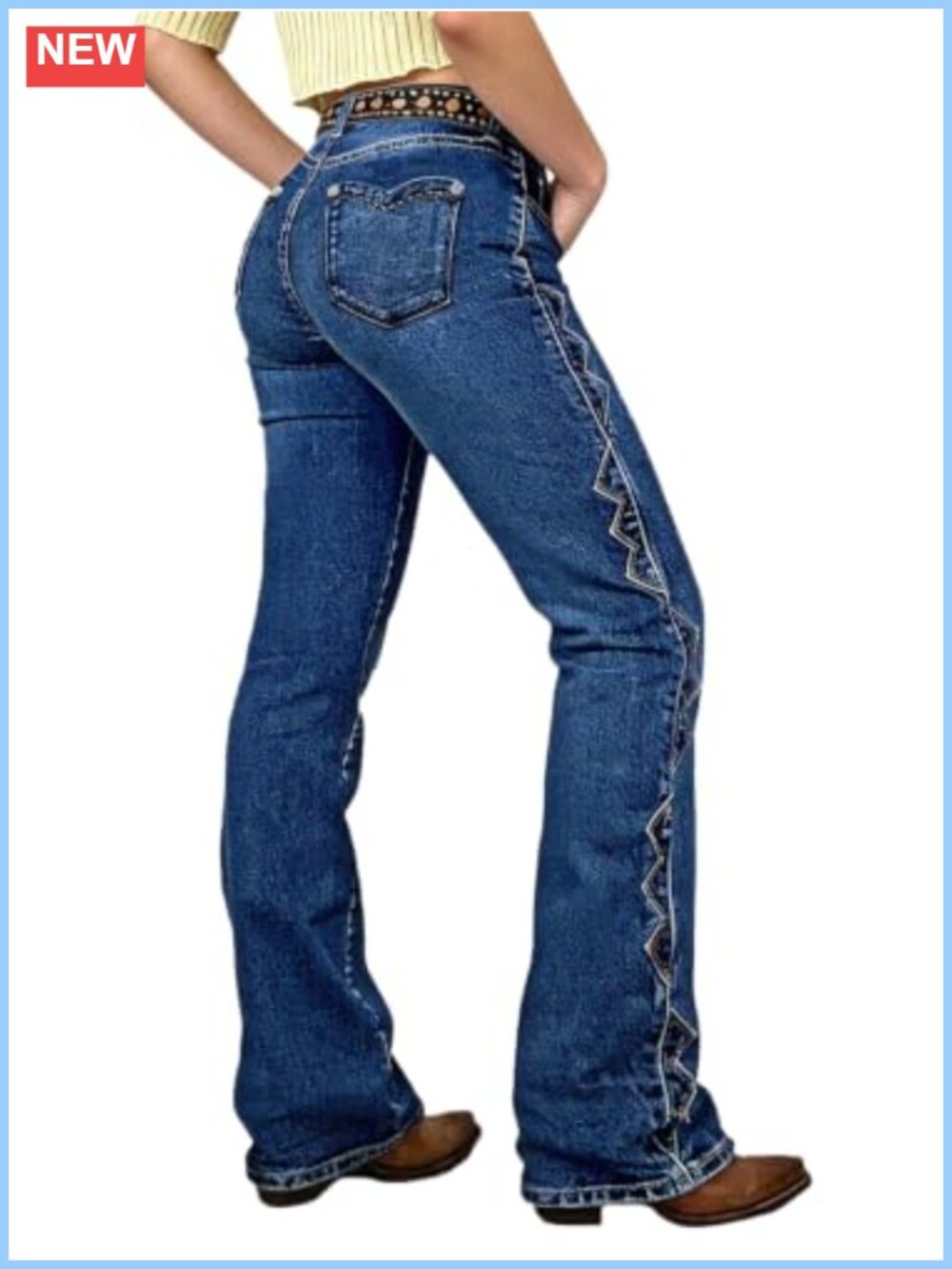 Women's Mid Rise Bootcut Jeans Tummy Control Vintage Patched Pocket